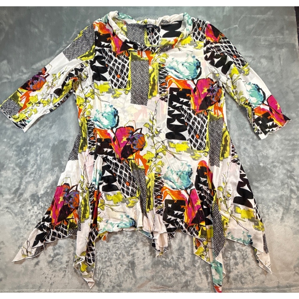 Dalin Womens 3X Abstract Floral Geometric Mesh Handkerchief Hem Tunic Top Multi